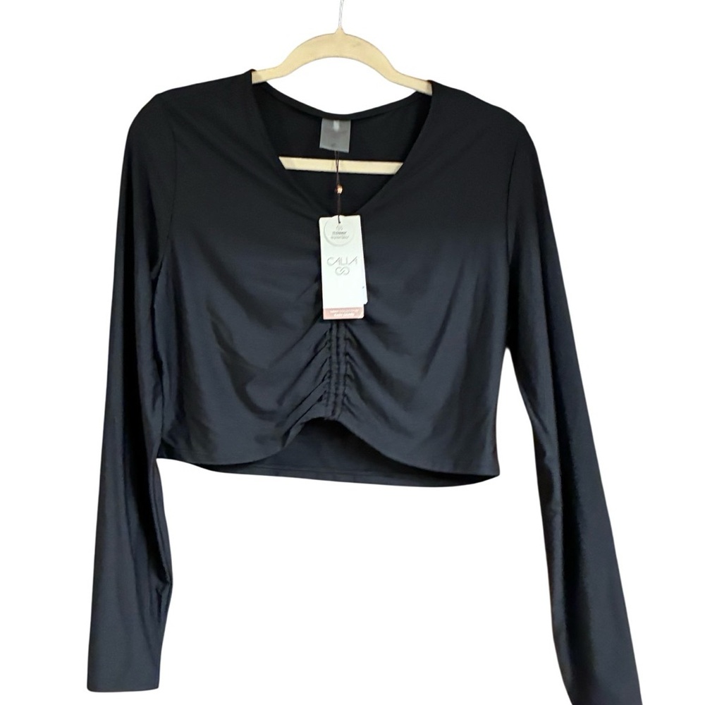 NWT CALIA GO Women's XL Black Long Sleeve Ruched Swim Rash Guard Top